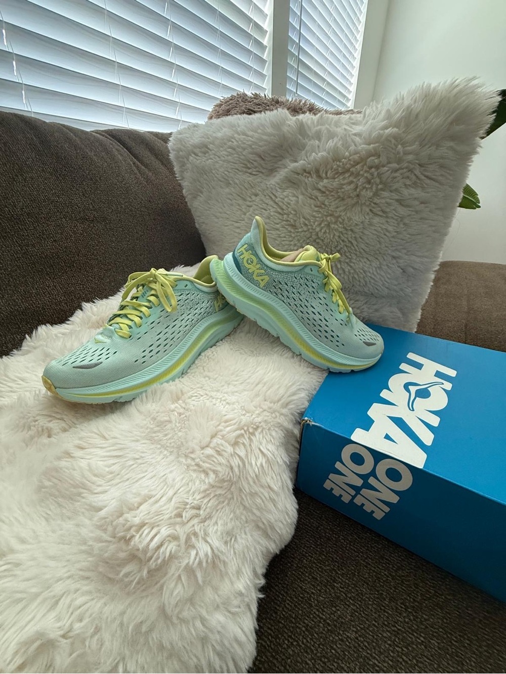 Hoka One One Women's Light Mint and Lemon Lace-Up Running Shoes